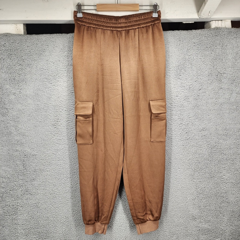 Alice + Olivia Brown Satin Cargo Jogger Pants Women Small Elastic Waist Pull-On